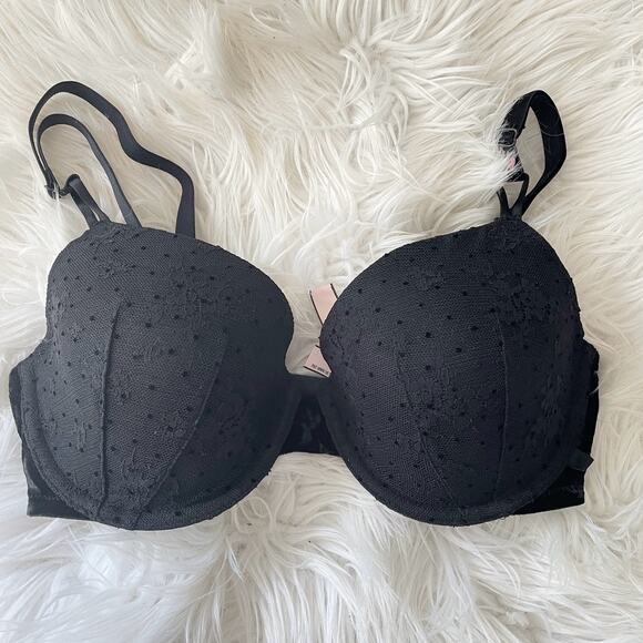 Victorias Secret Lightly Lined Demi Bra Black Lace Dot Velvet 32DD 32 DD new - Picture 1 of 10